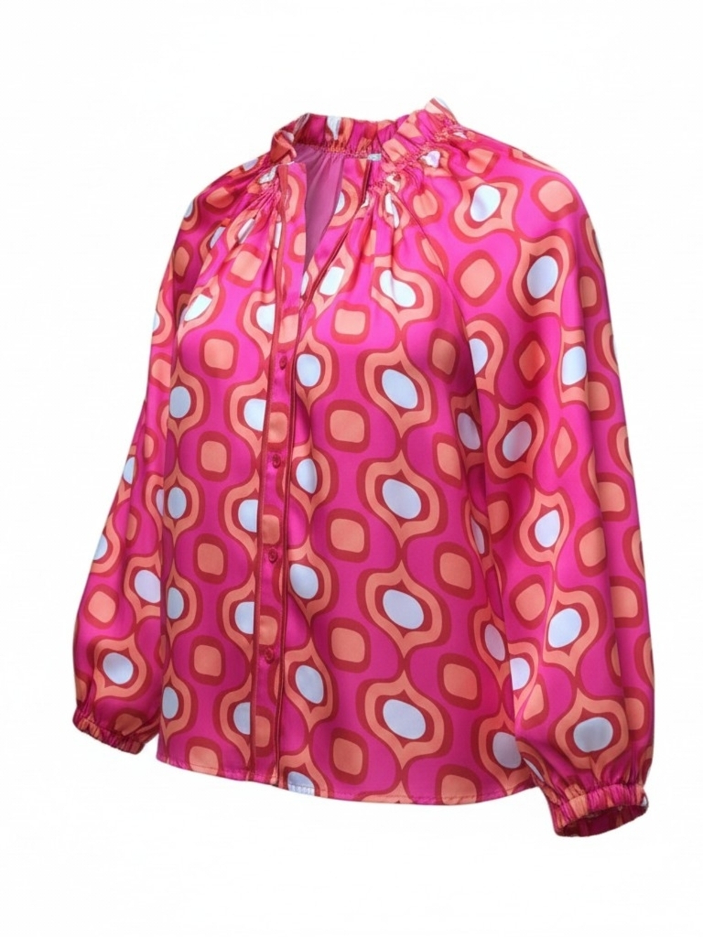 JADE MELODY TAM | Pink Orange Geometric Retro Silky Feel Button Down Blouse | S